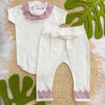 Conj. Body Curto Gola Rendada e Calça Lisa com Renda -Off White e Rose