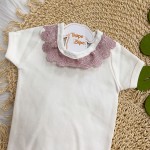 Conj. Body Curto Gola Rendada e Calça Lisa com Renda -Off White e Rose