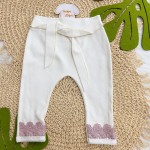 Conj. Body Curto Gola Rendada e Calça Lisa com Renda -Off White e Rose