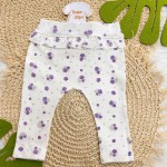 Conj. Body Manga Curta Off White com Flor de Coração e Calça Floral - Roxo e Cinza