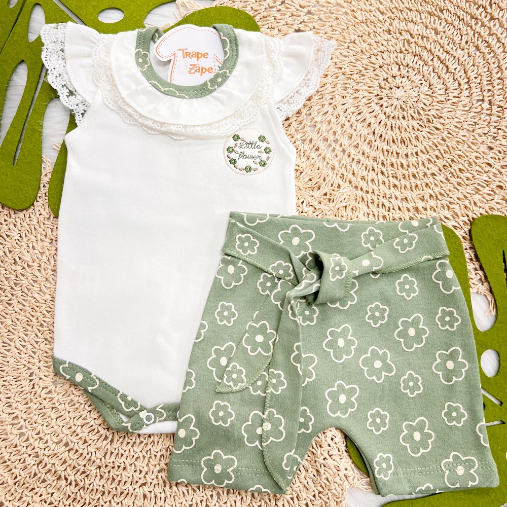 Conj. Body Regata Little Flower e Short Floral - Off White e Verde