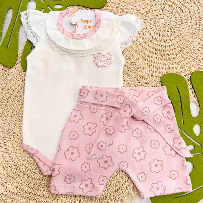 Conj. Body Regata Little Flower e Short Floral - Off White e Rosa