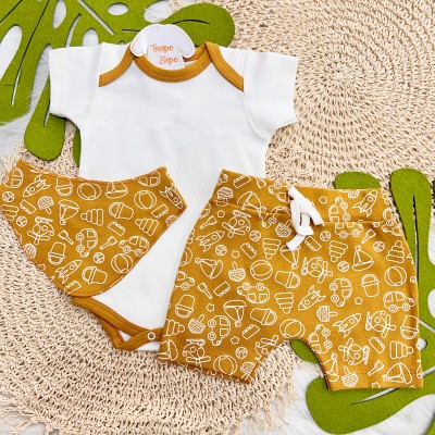 Body Manga Curta, Babador Bandana e Short Helicópteros - caramelo e Off White