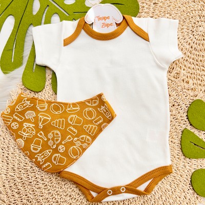 Body Manga Curta, Babador Bandana e Short Helicópteros - caramelo e Off White