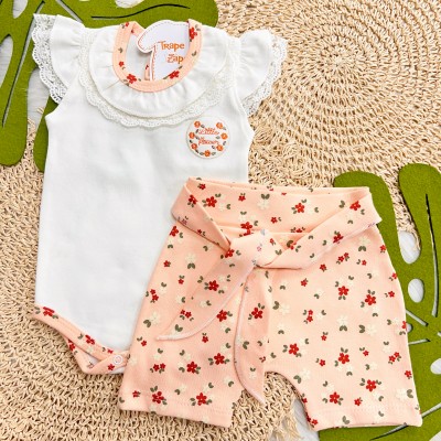 Conj. Body Regata Little Flower e Short Mini Floral - Off White e Salmão