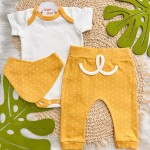 Conj. Body Manga Curta, Babador Bandana e Calça Poá - Mostarda e Off White