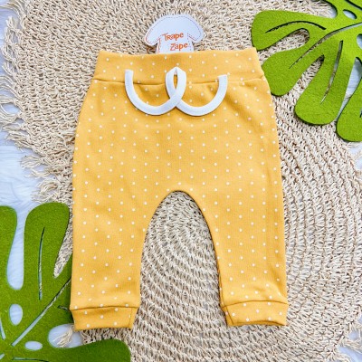 Conj. Body Manga Curta, Babador Bandana e Calça Poá - Mostarda e Off White