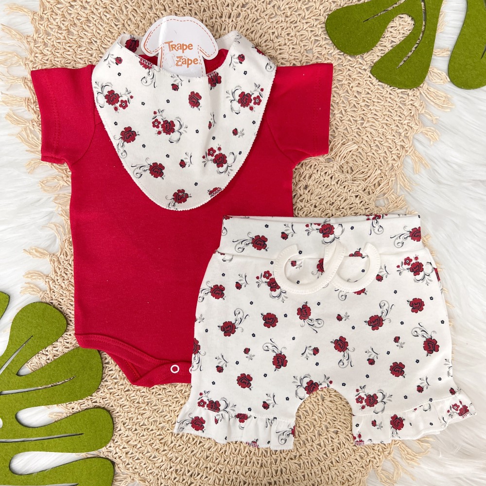 Conj. Body, Shorts e Babador Bandana Flores Vermelhas - Vermelho e Off