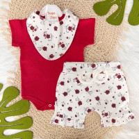 Conj. Body, Shorts e Babador Bandana Flores Vermelhas - Vermelho e Off