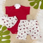 Conj. Body, Shorts e Babador Bandana Flores Vermelhas - Vermelho e Off