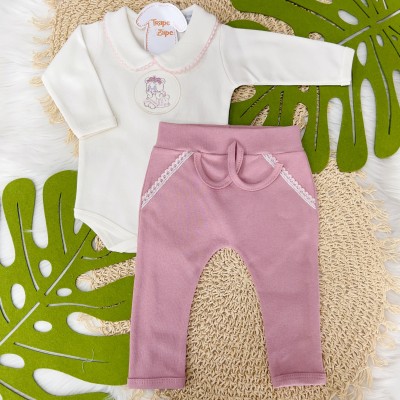 Conj. Body Ursinha Manga Longa com Gola e Calça - Uva e Off White