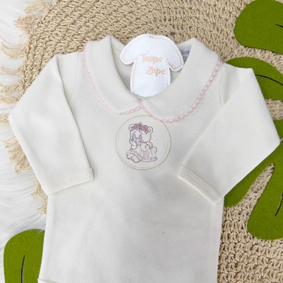 Conj. Body Ursinha Manga Longa com Gola e Calça - Uva e Off White