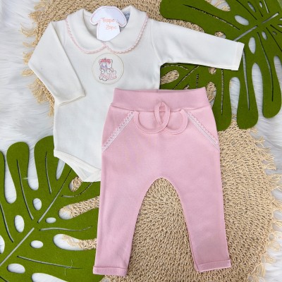 Conj. Body Ursinha Manga Longa com Gola e Calça - Rosa e Off White