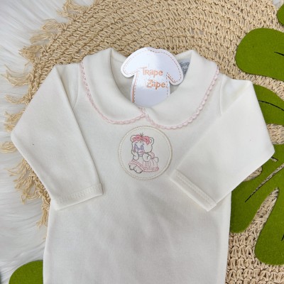Conj. Body Ursinha Manga Longa com Gola e Calça - Rosa e Off White