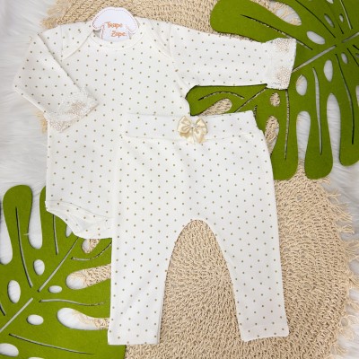 Conj. Body Manga Longa Rendada e Calça Poá - Dourado e Off White