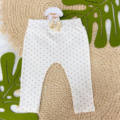 Conj. Body Manga Longa Rendada e Calça Poá - Dourado e Off White