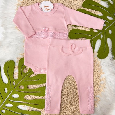 Conj. Body Manga Longa e Calça Flores Rendadas - Rosê