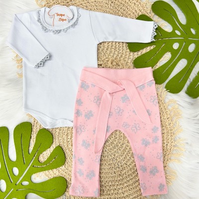  Conj. Body Manga Longa Branca e Calça Borboletinhas - Rosa