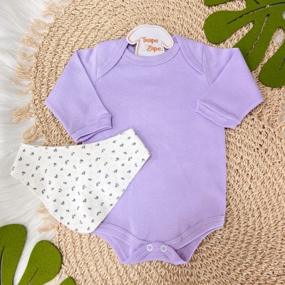 Conj. Body Manga Longa, Babador Bandana e Calça Mini Florzinhas - Off White e Lillás