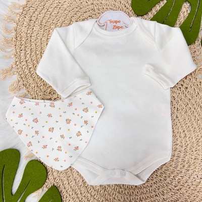 Conj. Body Manga Longa, Babador Bandana e Calça Mini Florzinhas - Off White e Laranja