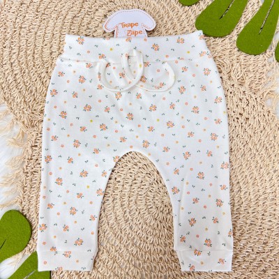 Conj. Body Manga Longa, Babador Bandana e Calça Mini Florzinhas - Off White e Laranja