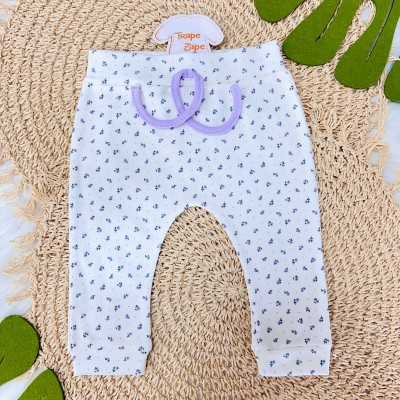 Conj. Body Manga Longa, Babador Bandana e Calça Mini Florzinhas - Off White e Lillás