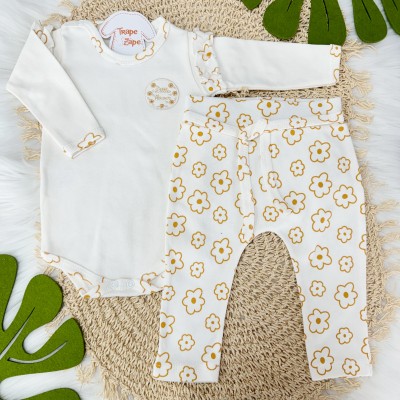 Conj. Body Manga Longa Little Flower e Calça Floral - Off White e Mostarda