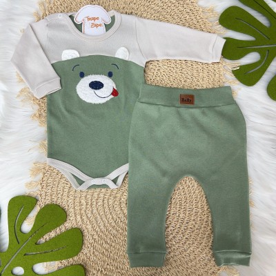  Conj. Body Manga Longa e Calça Ursinho - Marfim/Verde