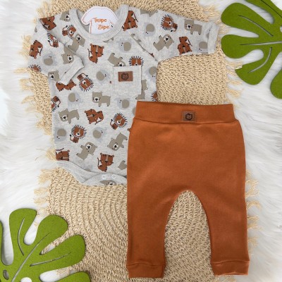Conj. Body Manga Longa Safari e Calça Lisa - Mescla e Ferrugem
