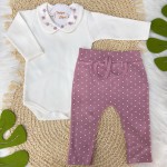 Conj. Body Longo Gola Bordada com Flores Lilás e Calça Poá - Off White e Uva