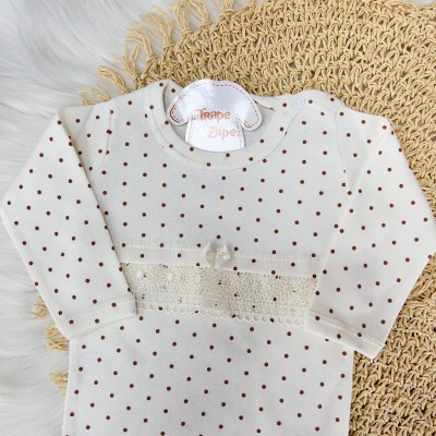 Conj. Body Longo com Laço e Calça Poá com Lateral em Rendas - Off White e ferrugem