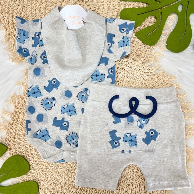 Conj. Body Manga Curta Safari, Shorts e Babador Bandana - Azul Jeans e Mescla