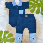 Conj. Body Gola Polo Manga Curta e Calça Ursinho - Marinho e Azul Claro