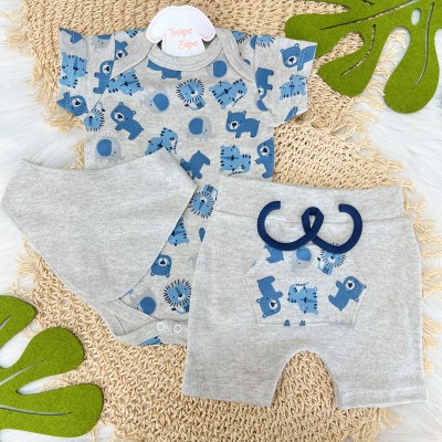 Conj. Body Manga Curta Safari, Shorts e Babador Bandana - Azul Jeans e Mescla