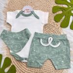 Conj. Body Manga Curta, Shorts e Babador Bandana - Ursinhos Off White e Verde