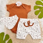 Conj. Body Manga Curta, Shorts e Babador Bandana - Ursinhos Ferrugem e Off White