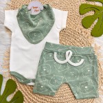 Conj. Body Manga Curta, Shorts e Babador Bandana - Ursinhos Off White e Verde