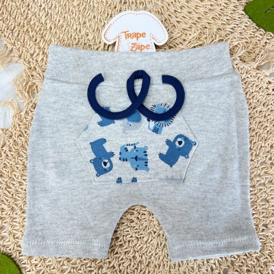 Conj. Body Manga Curta Safari, Shorts e Babador Bandana - Azul Jeans e Mescla