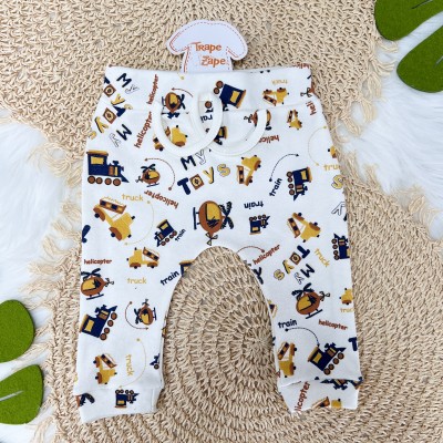 Conj. Body Manga Longa, Calça e Babador Bandana Trenzinho - Off White e Mostarda