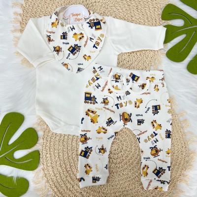 Conj. Body Manga Longa, Calça e Babador Bandana Trenzinho - Off White e Mostarda
