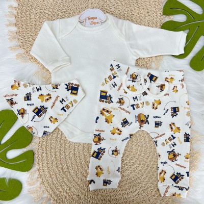 Conj. Body Manga Longa, Calça e Babador Bandana Trenzinho - Off White e Mostarda