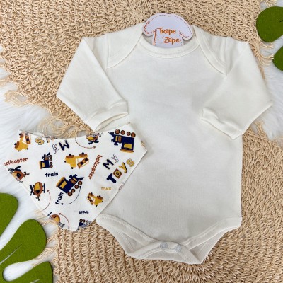 Conj. Body Manga Longa, Calça e Babador Bandana Trenzinho - Off White e Mostarda