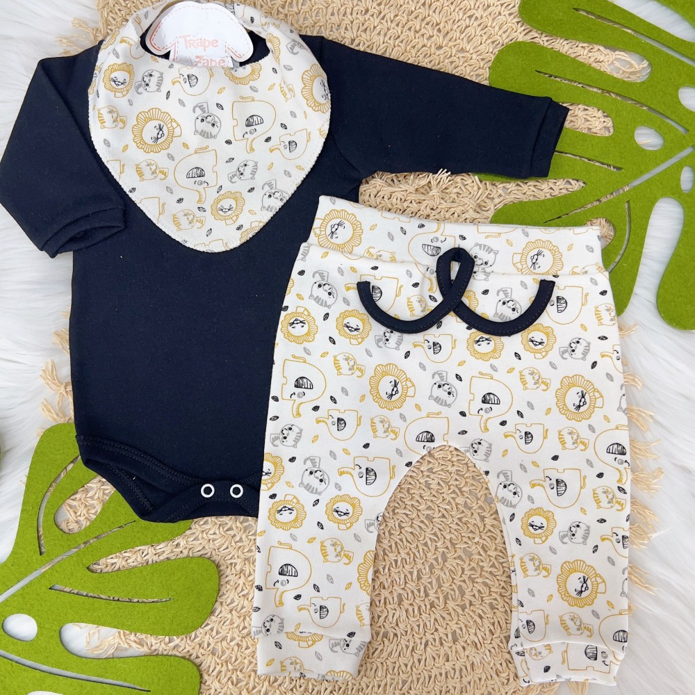 Conjunto Body Manga Longa, Calça e Babador Bandana Novo Safari - Preto e Off White