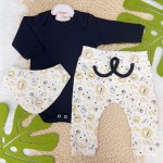 Conjunto Body Manga Longa, Calça e Babador Bandana Novo Safari - Preto e Off White