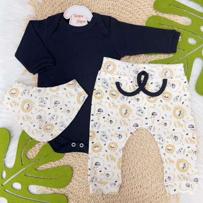 Conj. Body Manga Longa, Calça e Babador Bandana Novo Safari - Preto e Off White
