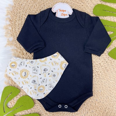 Conj. Body Manga Longa, Calça e Babador Bandana Novo Safari - Preto e Off White