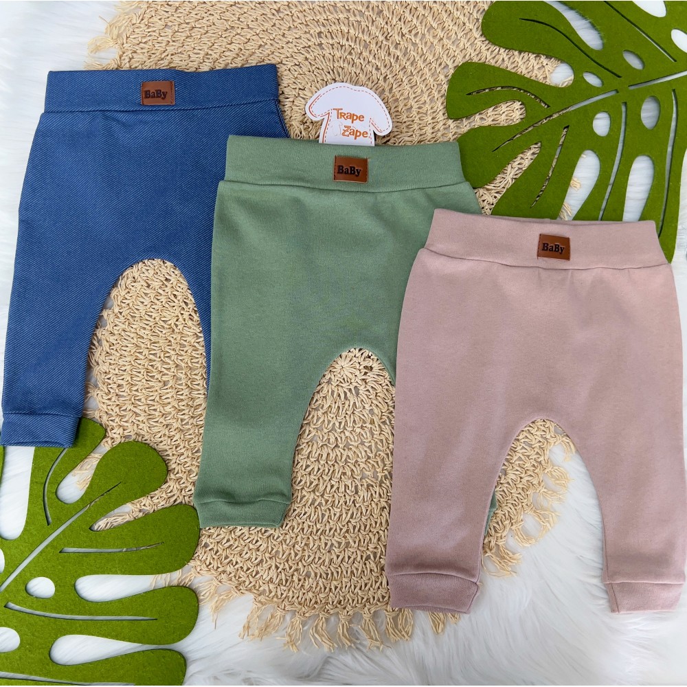 Kit 3 Calças saruel- Jeans Claro, Verde e Bege