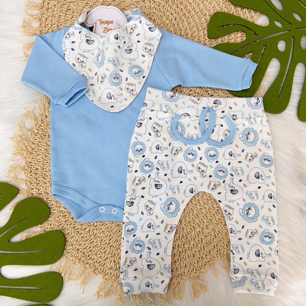  Conj. Body Manga Longa, Calça e Babador Bandana Novo Safari - Azul Claro e Off White