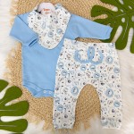  Conj. Body Manga Longa, Calça e Babador Bandana Novo Safari - Azul Claro e Off White