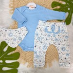  Conj. Body Manga Longa, Calça e Babador Bandana Novo Safari - Azul Claro e Off White